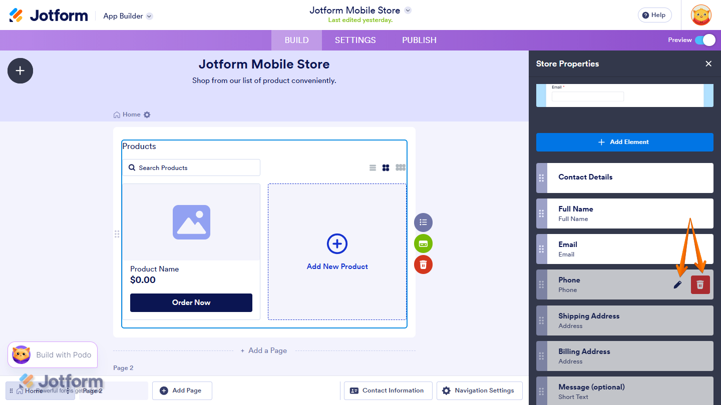 Edit or Delete field in the Checkout Page settings of the Product List element