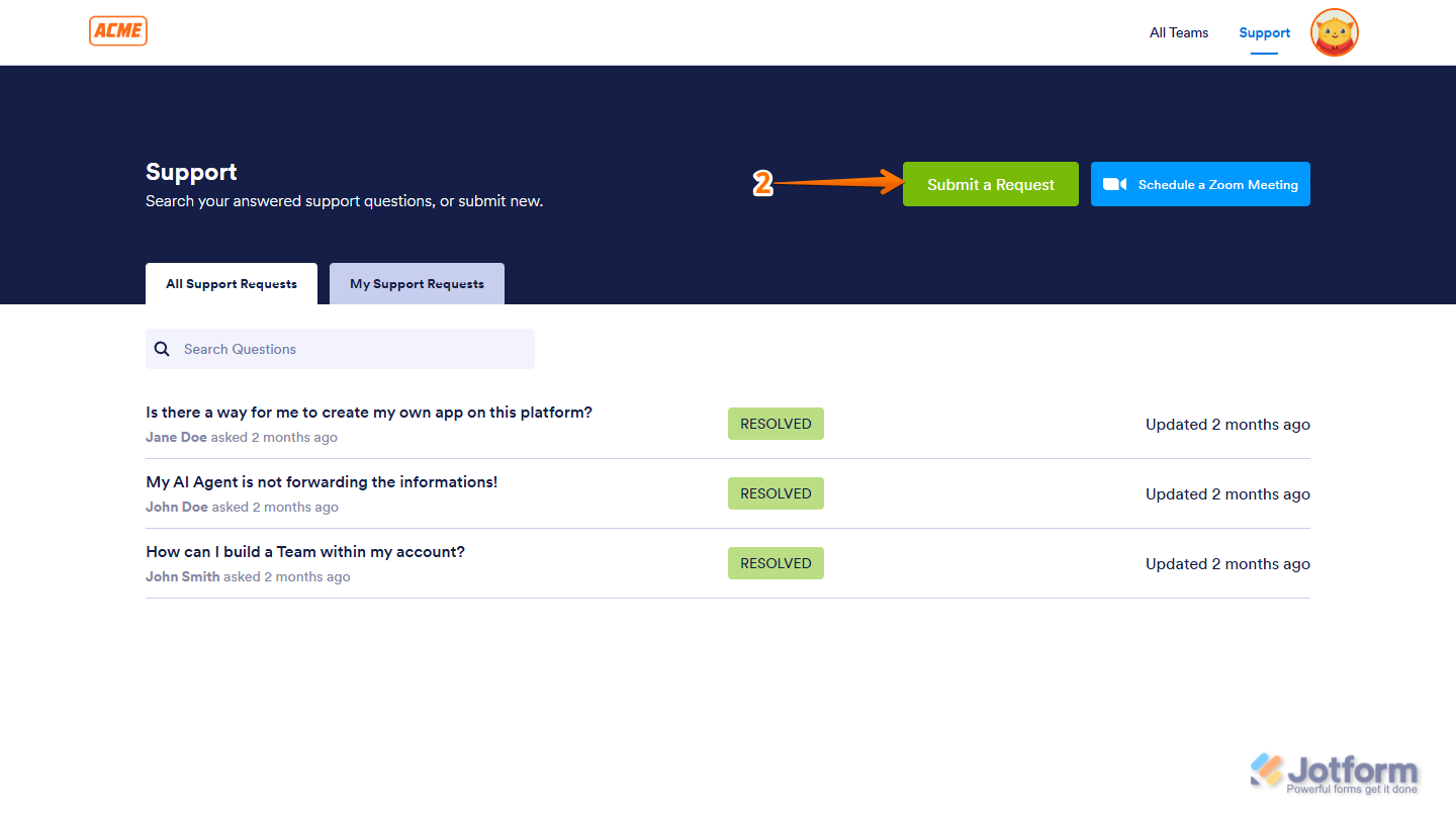 Submit a Request button in Jotform Enterprise