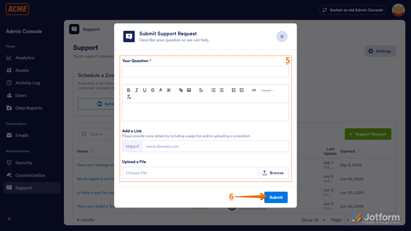 Submit Support Request form in the Admin Console of Jotform Enterprise 