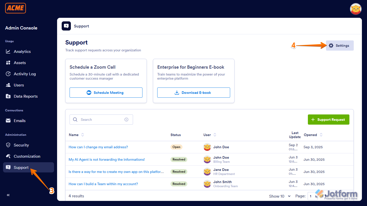 Settings button in the Support page of the Admin Console in Jotform Enterprise