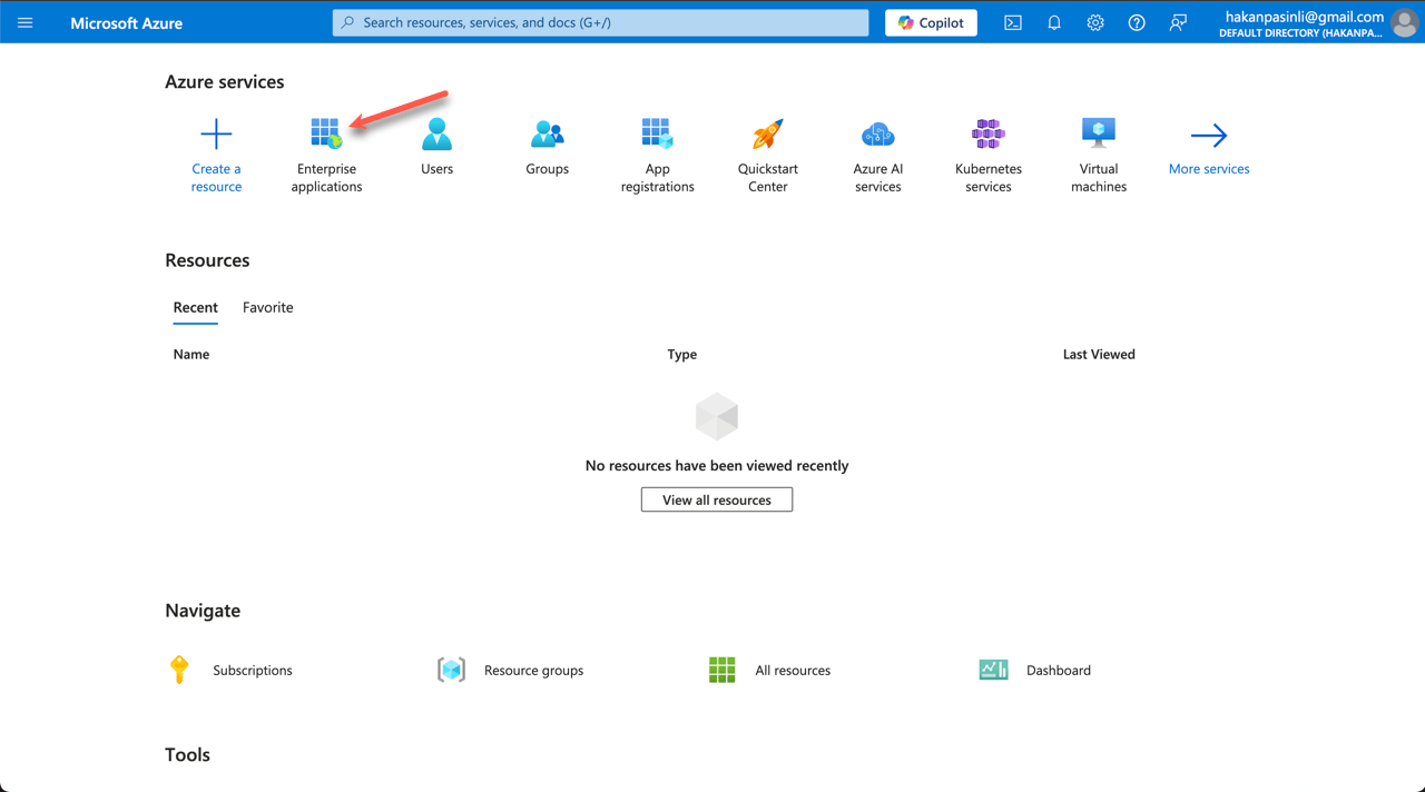 The Enterprise applications menu in Azure AD admin center