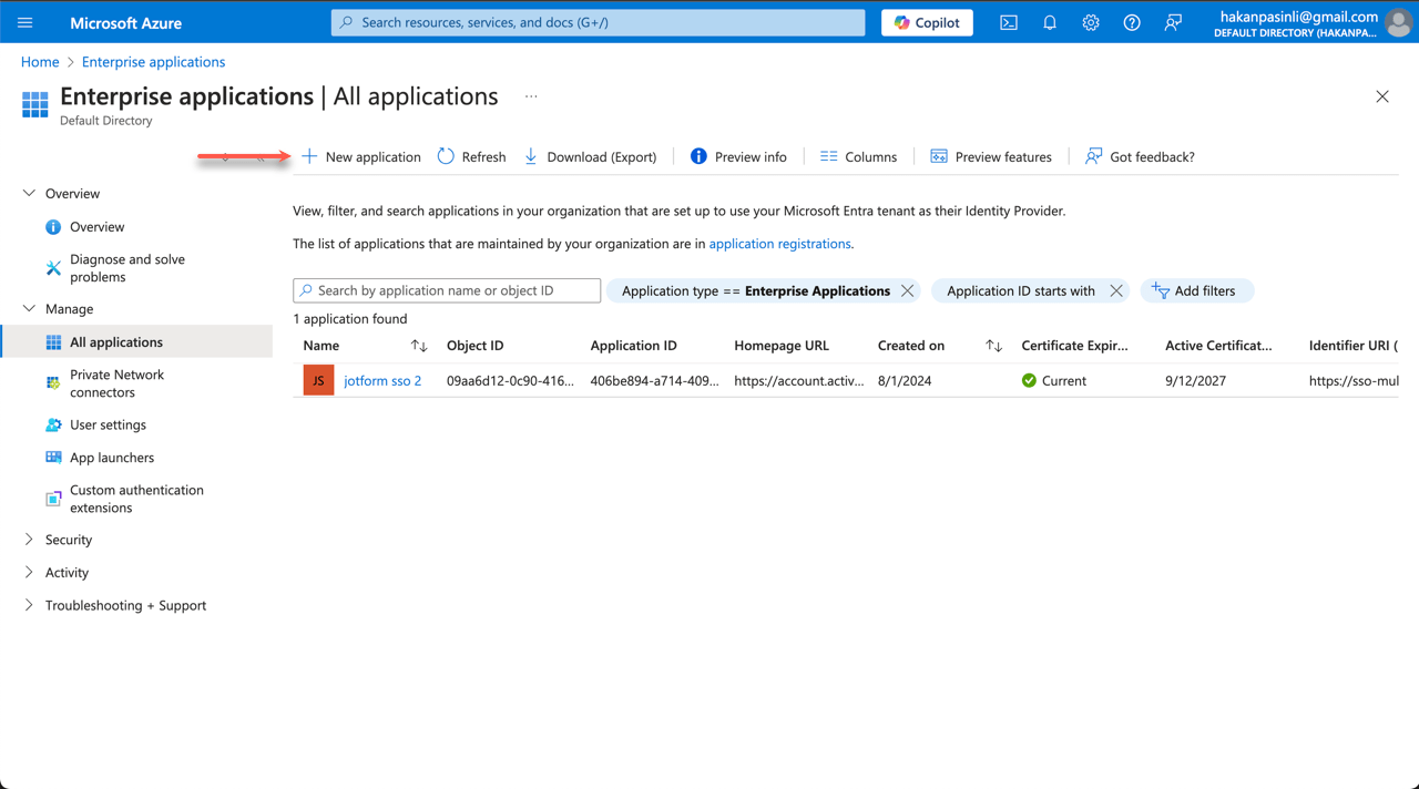 The New application button in Azure AD
