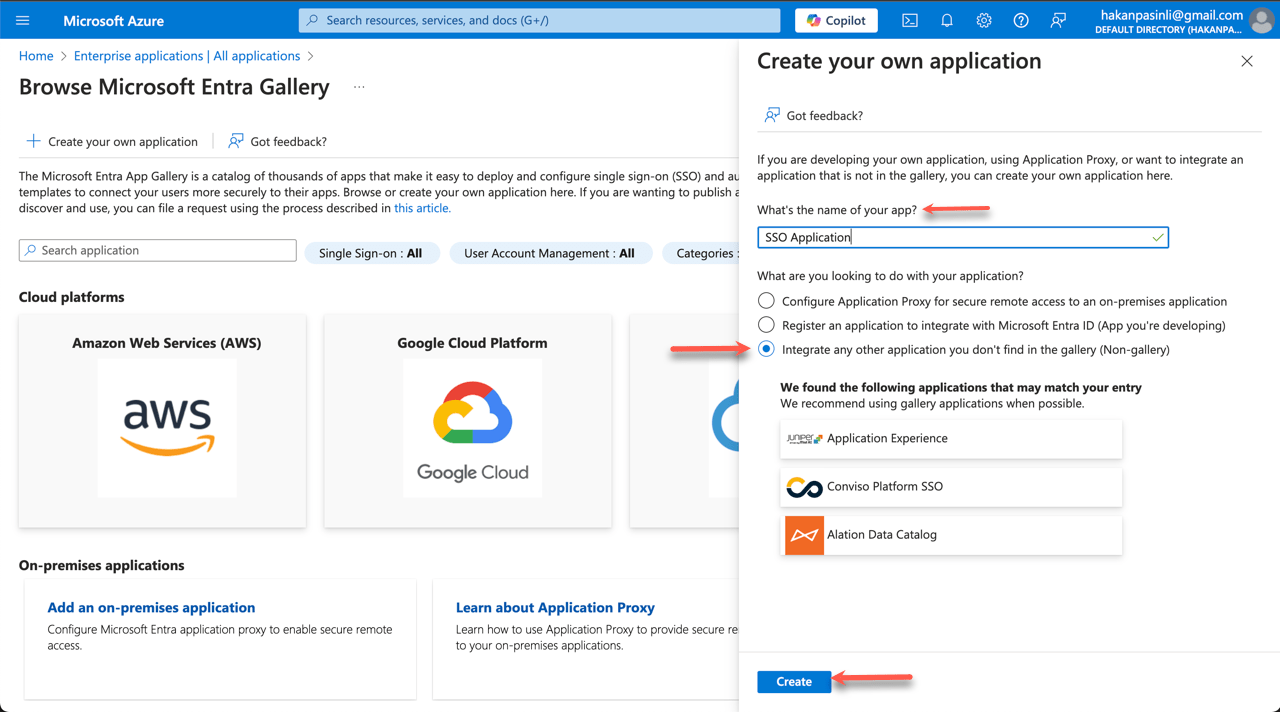 Instructional screenshot of the create your own application screen in the Microsoft Entra Gallery