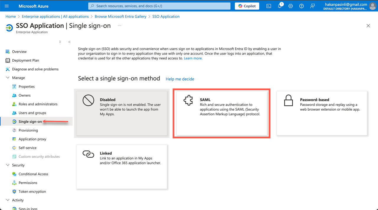 Instructional screenshot of Enterprise application's overview page with an arrow pointing to single sign-on