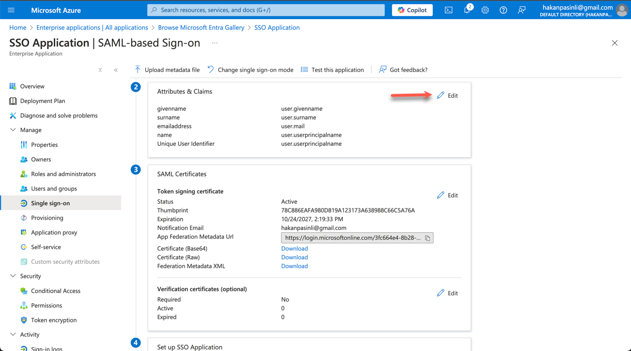 Arrow guide to edit Attribute & Claims in Azure AD