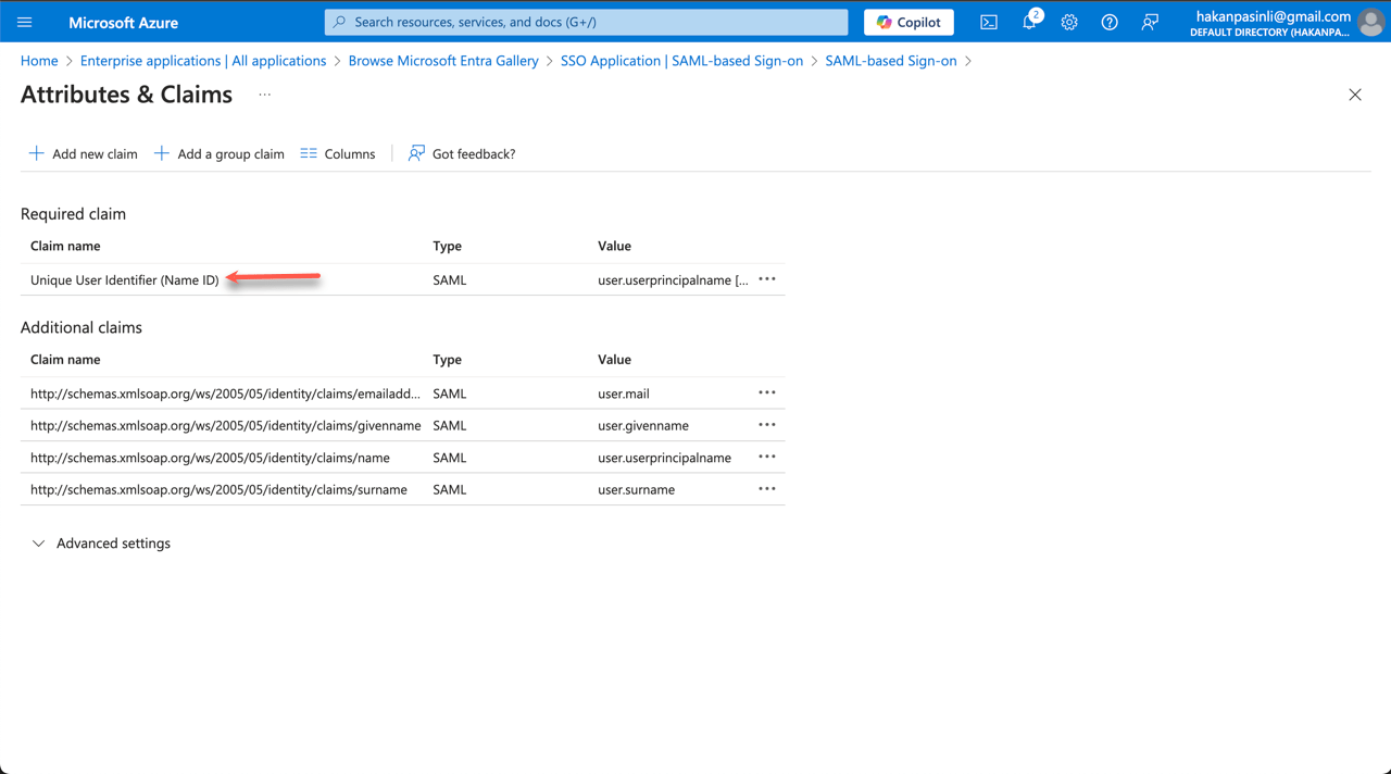 Arrow guide to edit unique user identifier (name ID) under Attribute & Claims in Azure AD