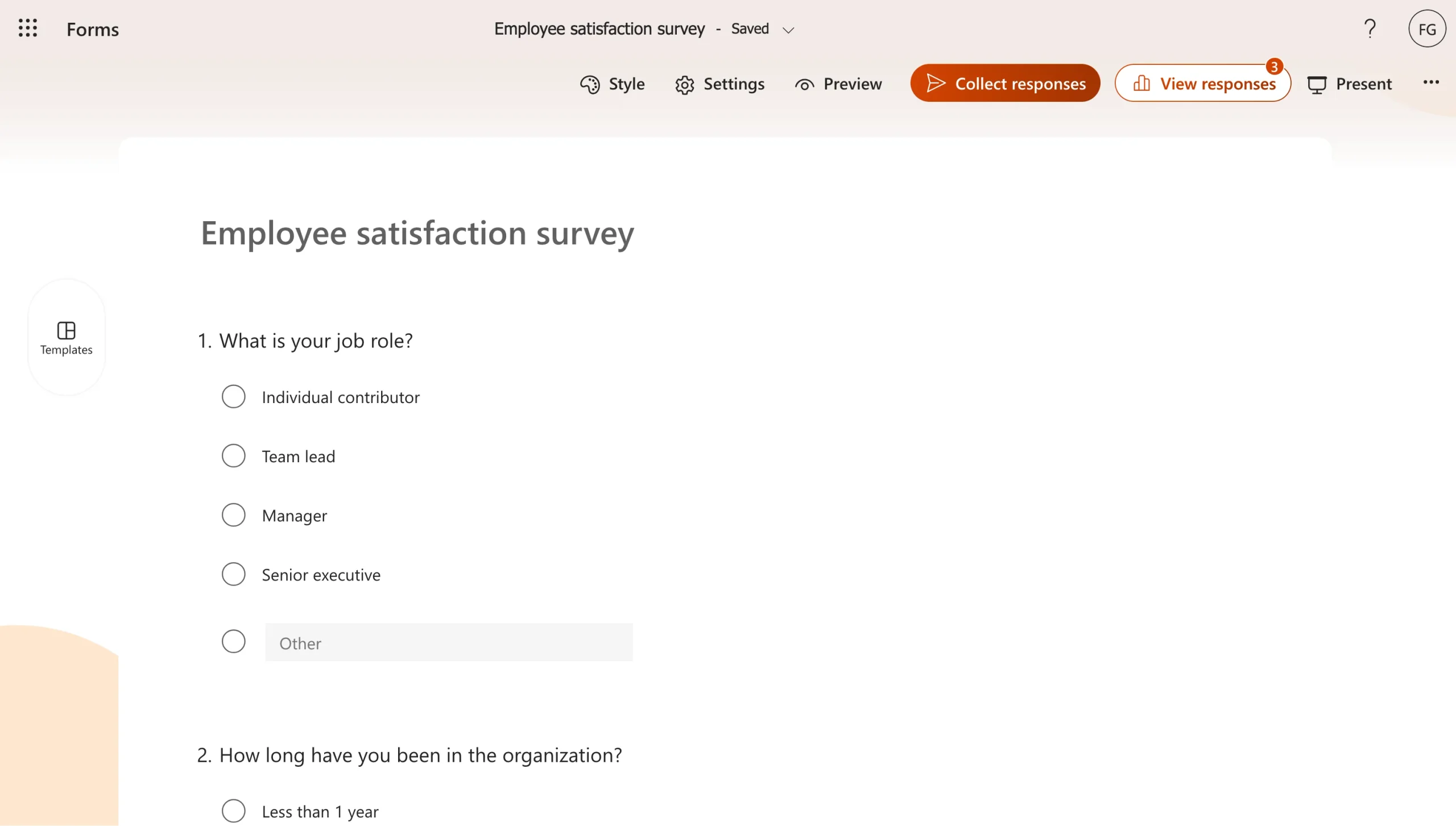 Microsoft Forms editor showing the "Employee satisfaction survey" with the top toolbar visible