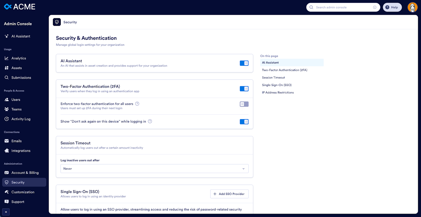 Viewing the Security & Authentication page on the Admin Console