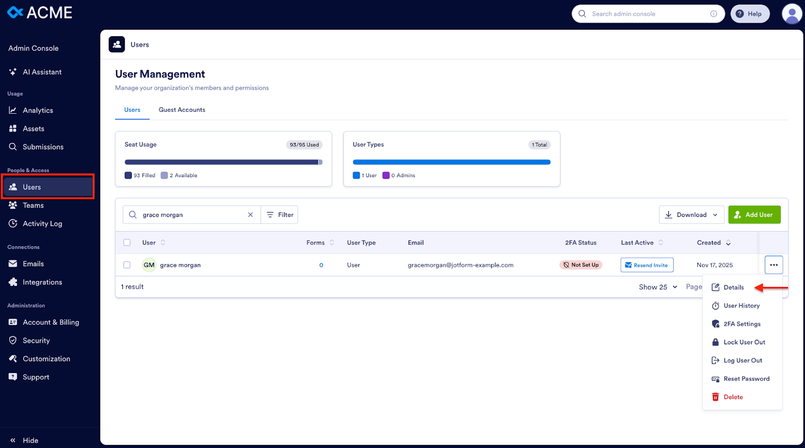 From the Users tab click on the three-dots, and then Details option