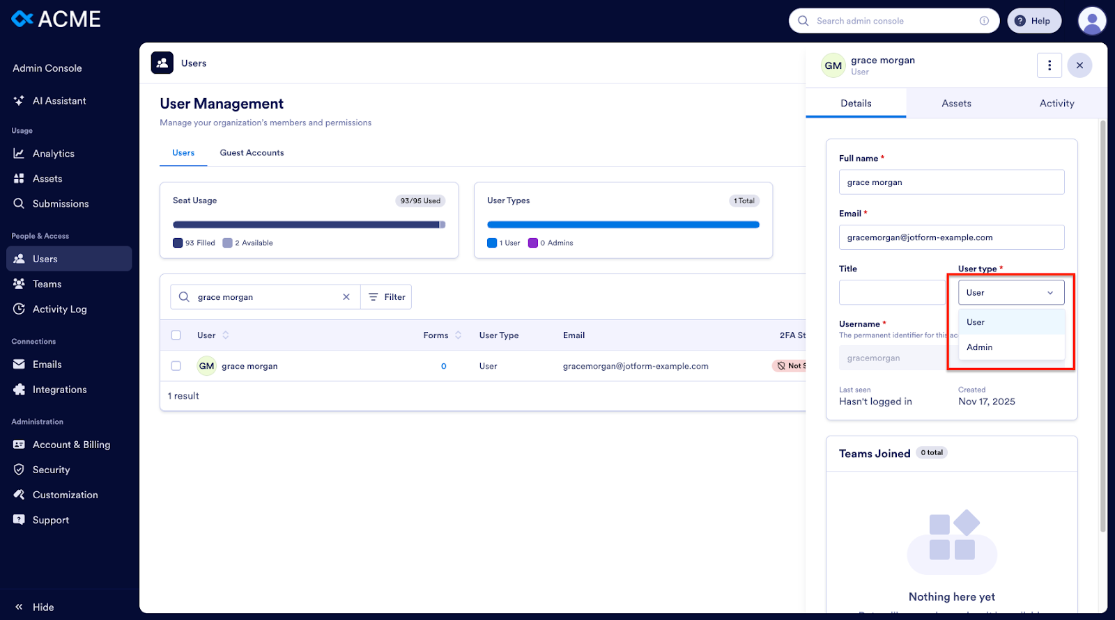 Viewing the Details of the user and selecting the User type in the Admin Console