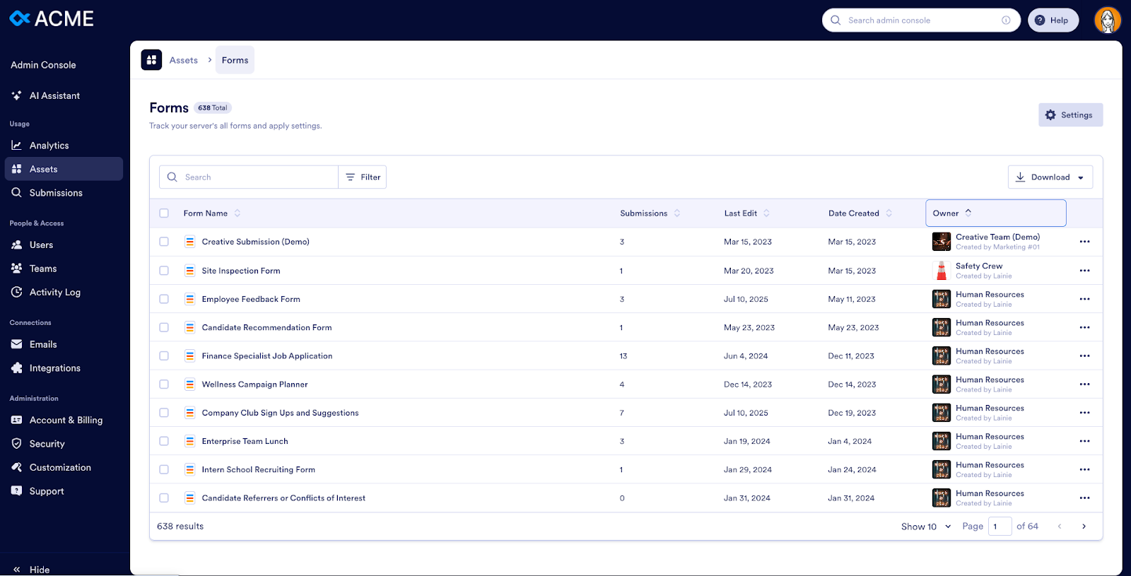 Viewing the Forms under the Assets tab