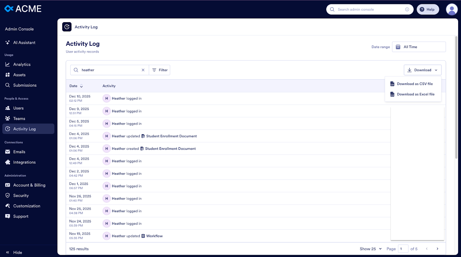 Viewing the Activity Log window and clicking on the Download dropdown