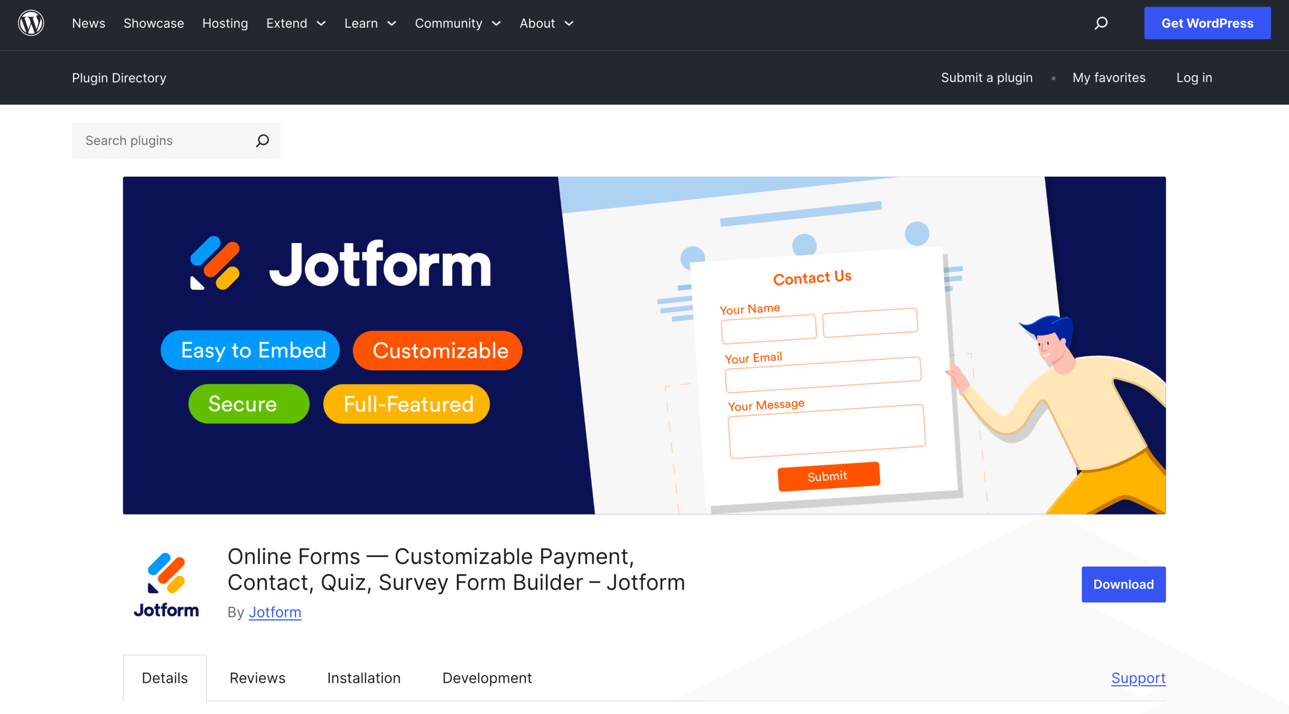 WordPress Plugin Directory listing for the Jotform plugin, featuring a large banner with the Jotform logo, the tagline badges “Easy to Embed,” “Customizable,” “Secure,” and “Full-Featured,” plus a “Contact Us” form illustration and a blue Download button below