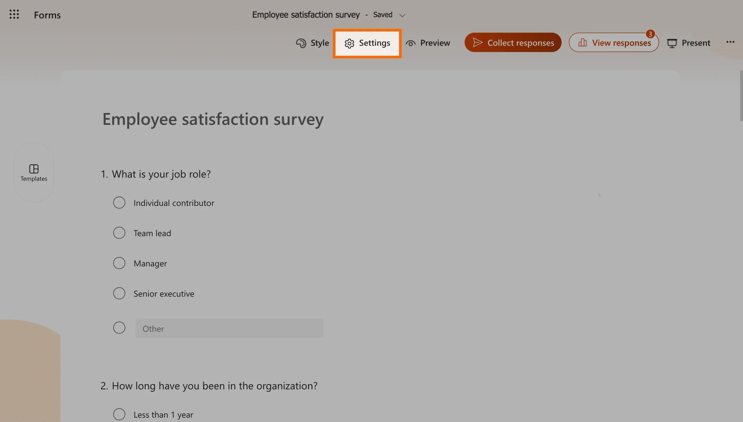 Microsoft Forms toolbar with the Settings button highlighted