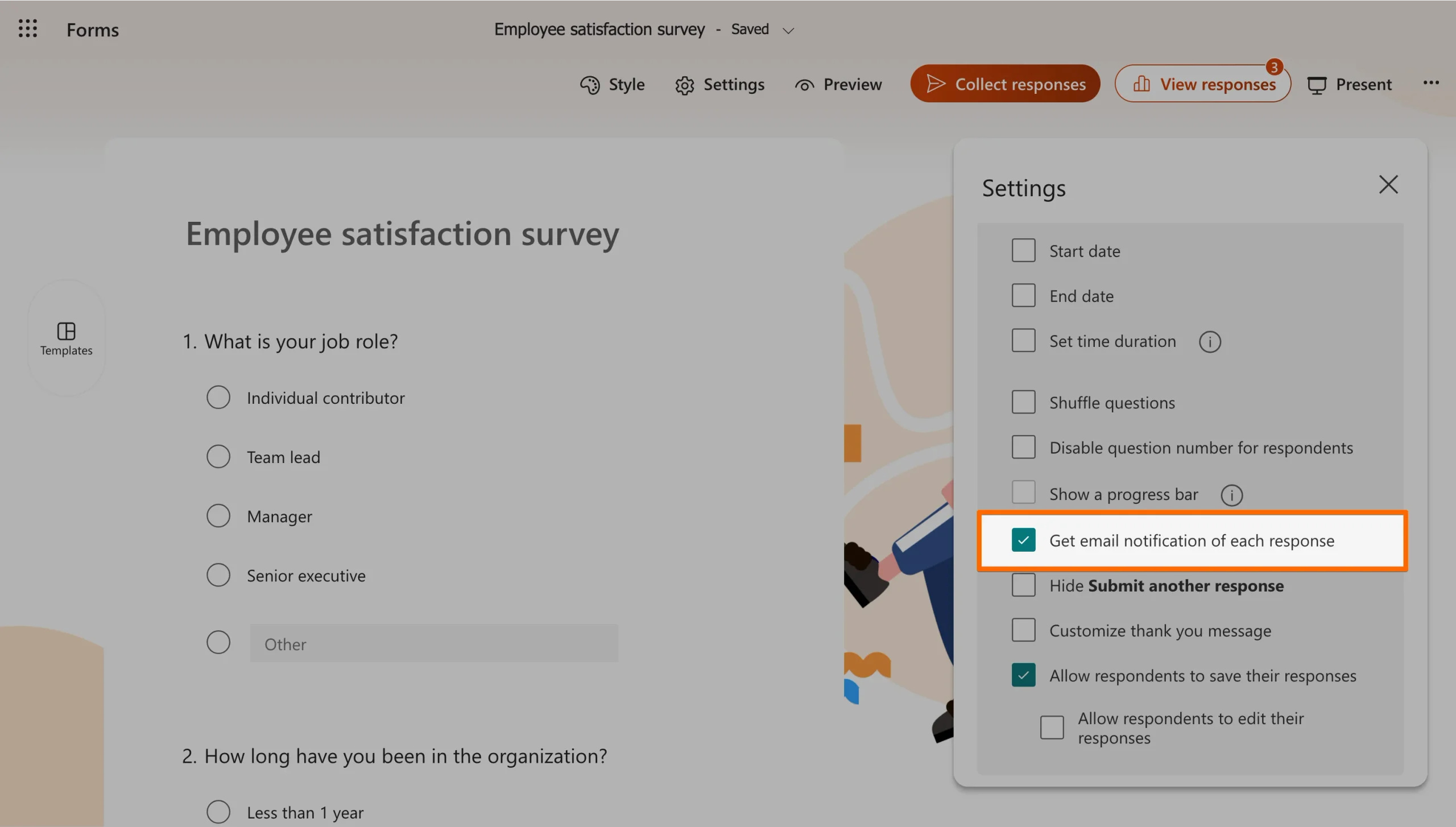 Microsoft Forms Settings panel with the "Get email notification of each response" checkbox highlighted