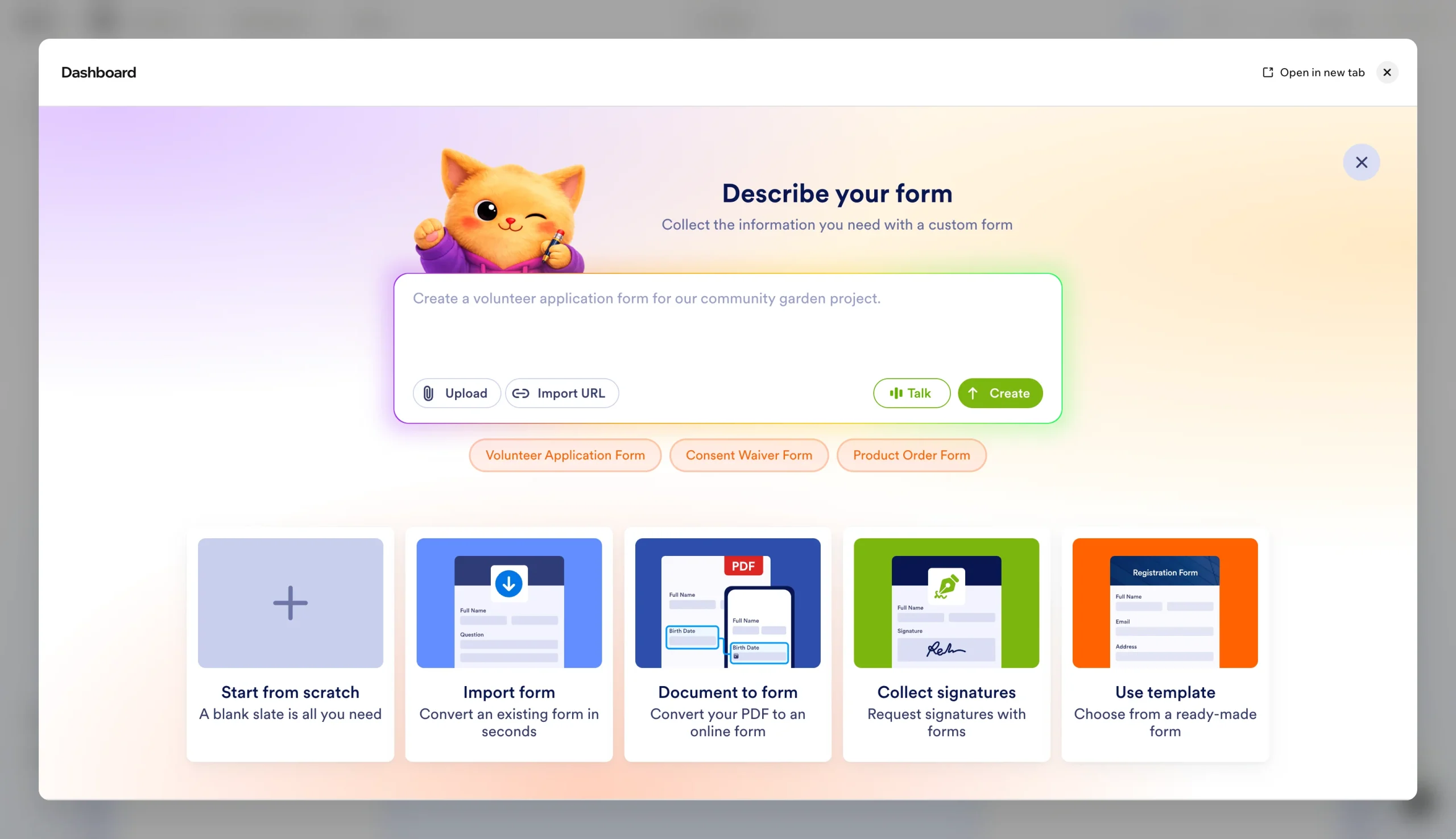 Jotform form creation dashboard offering AI generation, scratch creation, and ready-made templates