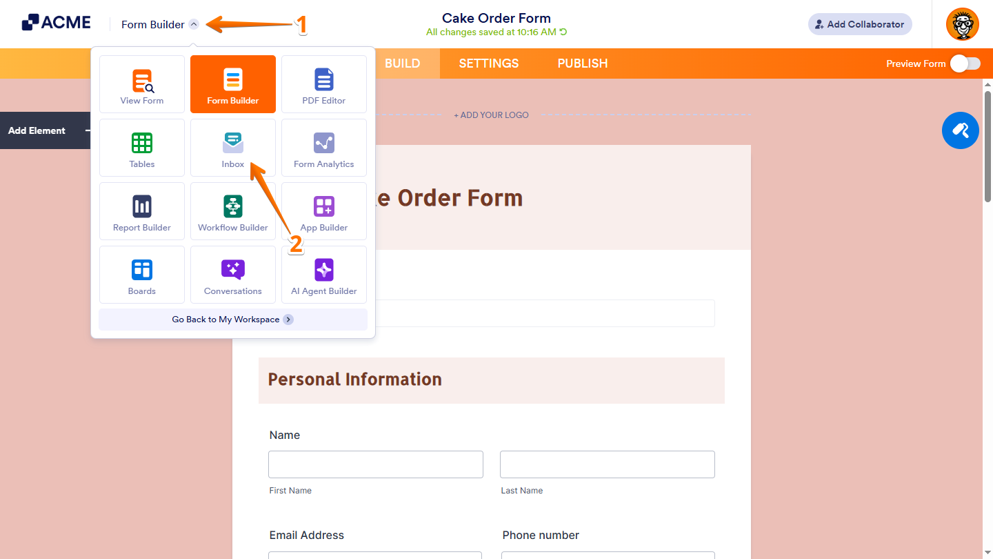 Inbox option in the App Picker menu in Form Builder