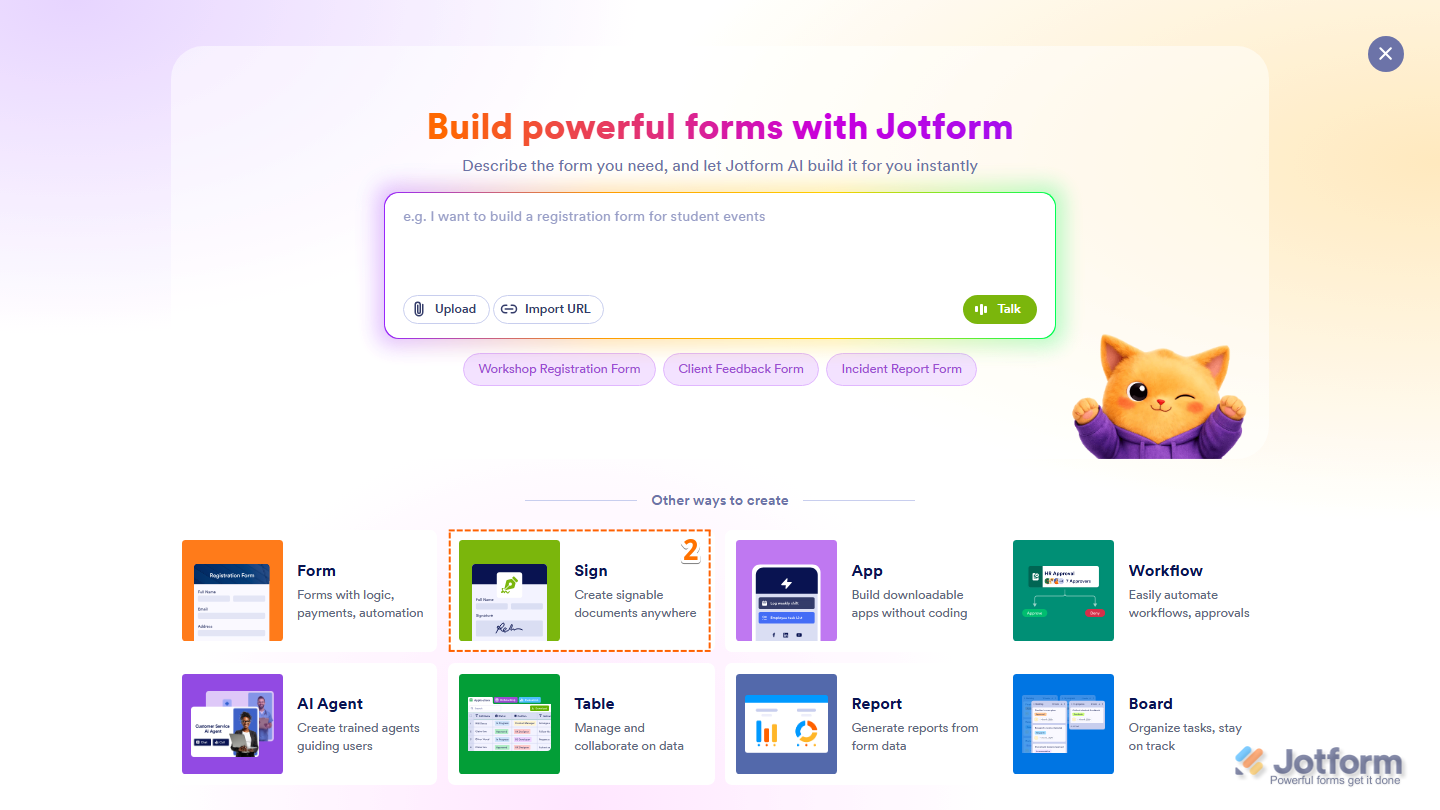 Assets menu showing Sign option selection in Jotform
