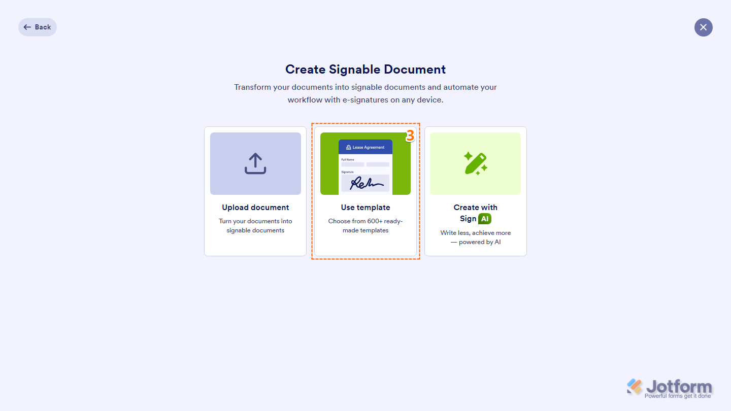 Jotform Sign creation page showing Use Template button