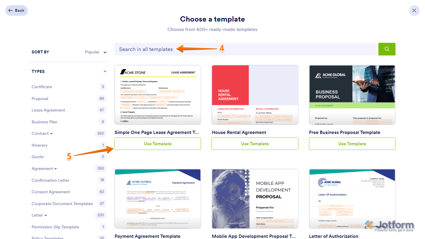 Template gallery showing search bar and Use Template option for a selected Jotform Sign template