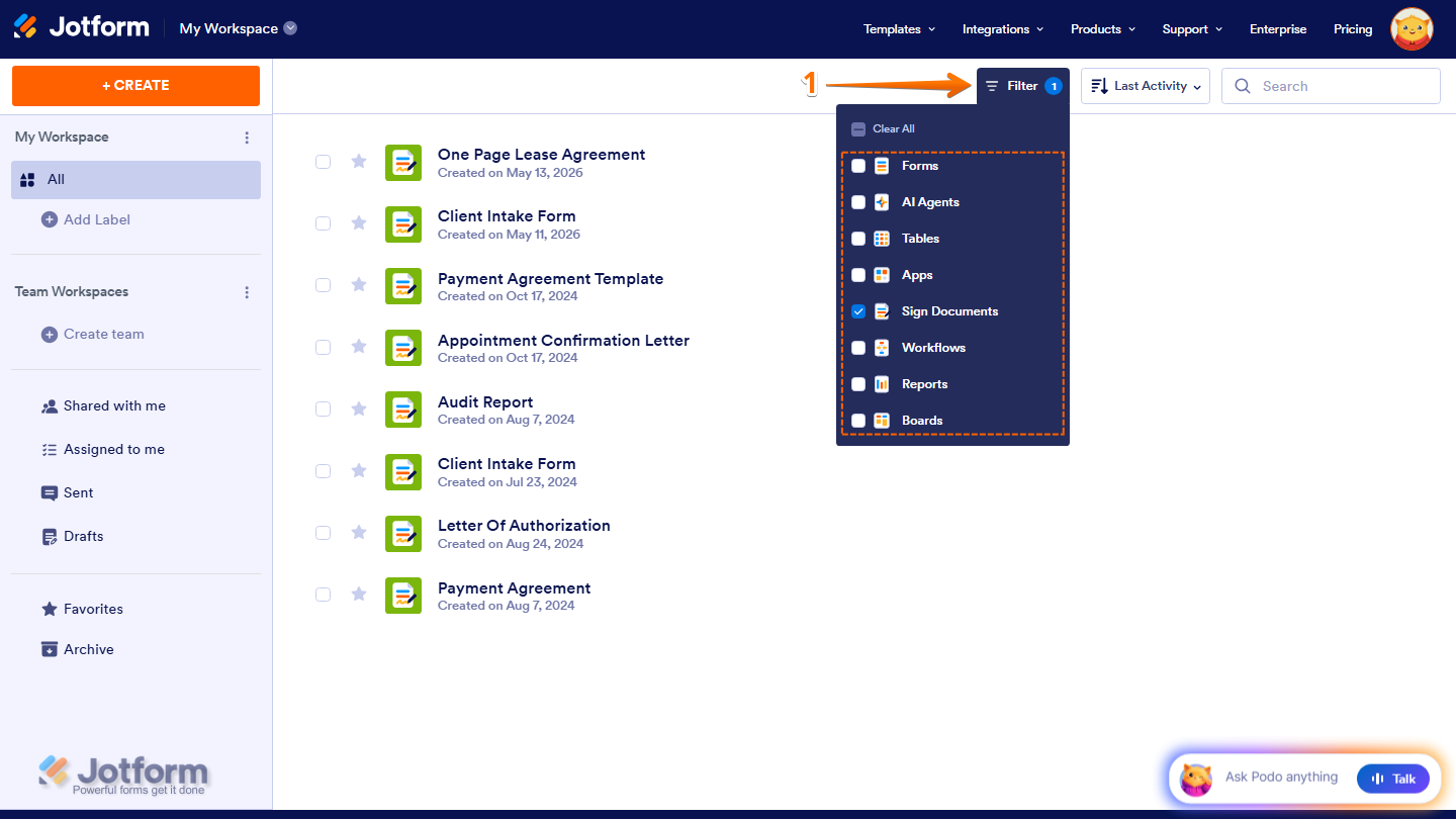 Workspace page showing Filter menu with only Sign Documents selected in Jotform