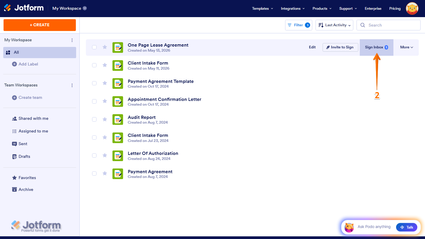 Workspace page showing Sign Document card with Sign Inbox option in Jotform