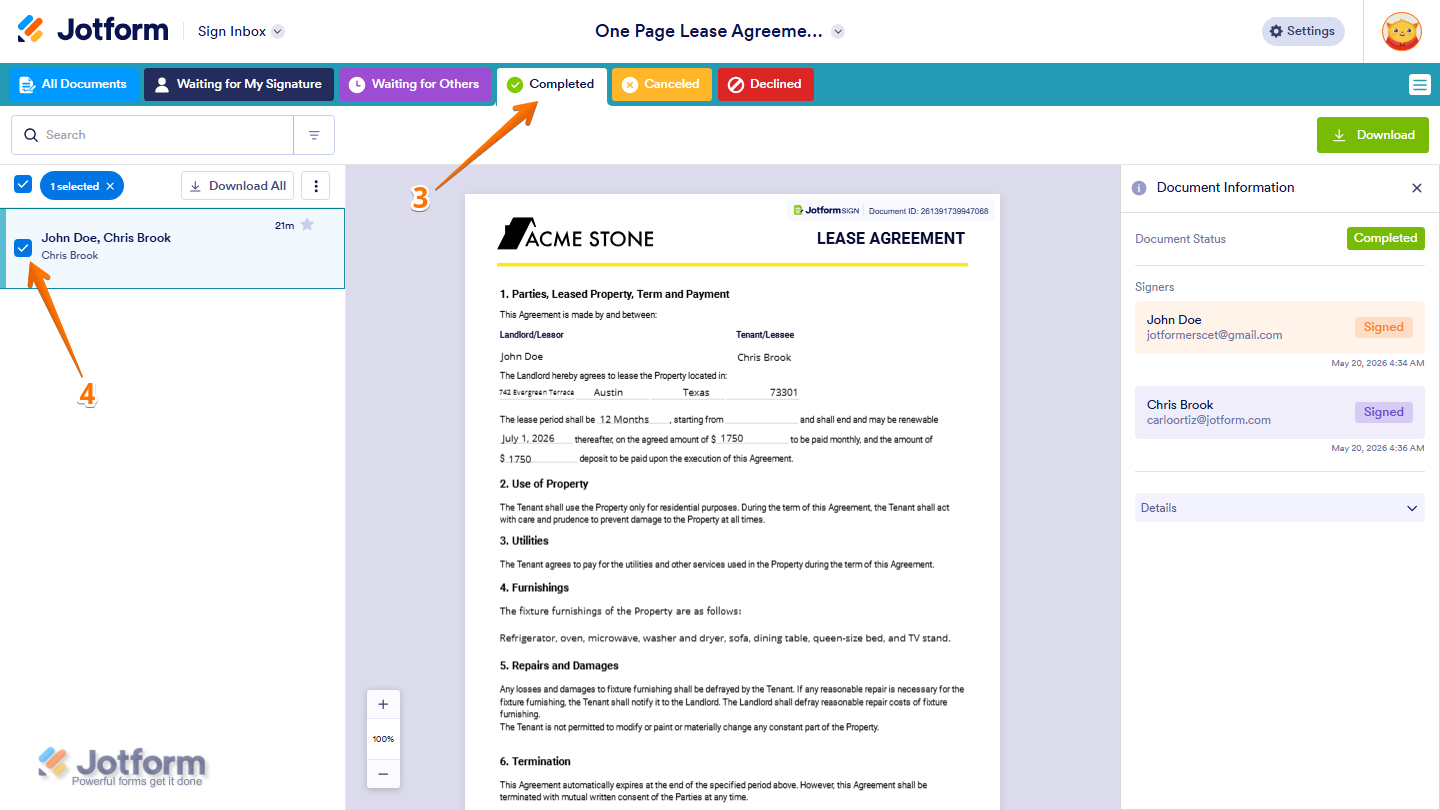 Sign Inbox Completed tab showing selectable completed submission checkbox in Jotform