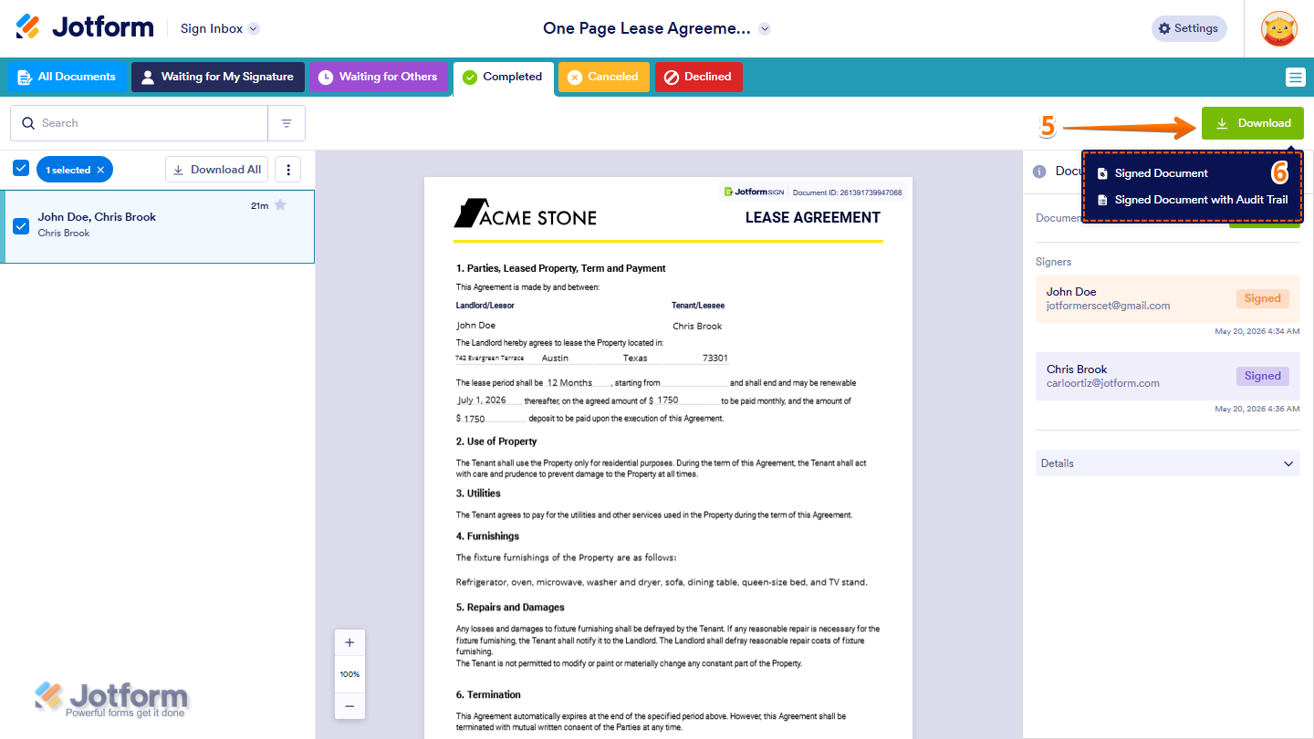 Sign Inbox Download menu showing Signed Document and Signed Document with Audit Trail options in Jotform