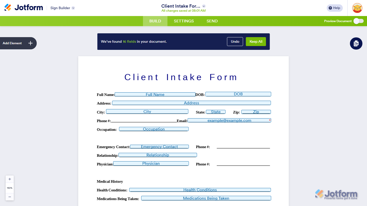 Jotform Sign Builder displaying a completed signable document converted from an uploaded PDF, ready to be customized with signature and form fields before being sent for electronic signatures