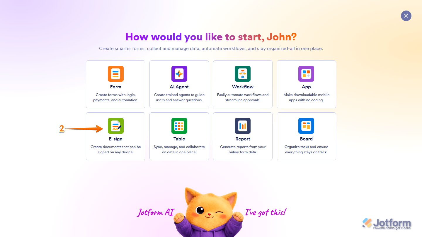 Jotform Workspace Create menu showing the E-Sign option selected for creating a new electronic signature document