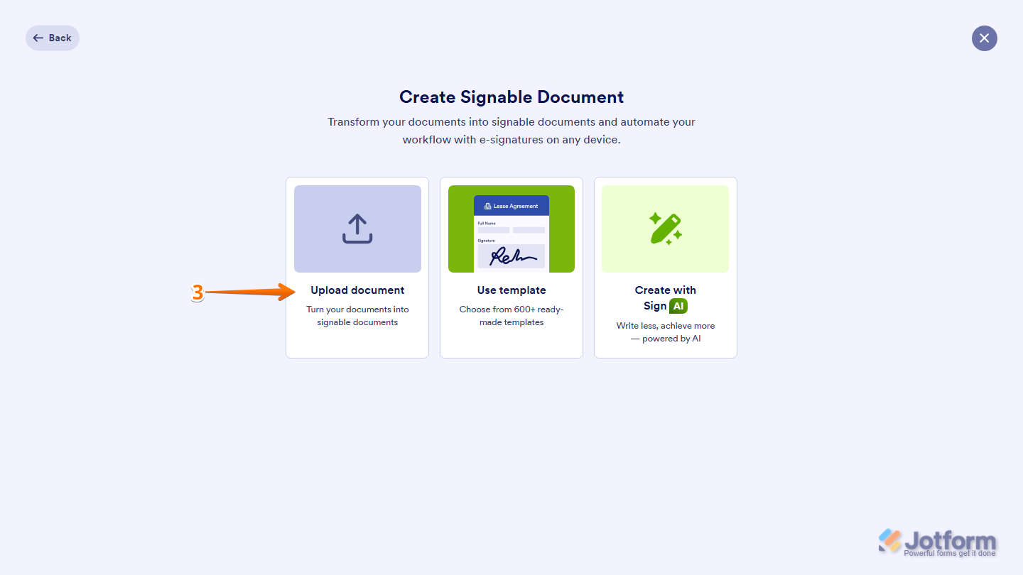 Jotform Sign Builder showing the Upload Document button for importing a PDF document to create a signable document for electronic signatures