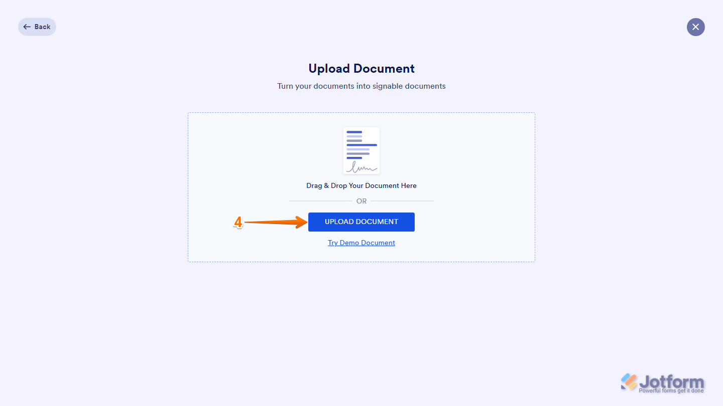 Jotform Sign Builder showing the Upload Document button and drag-and-drop upload area for selecting or uploading a PDF document from a device