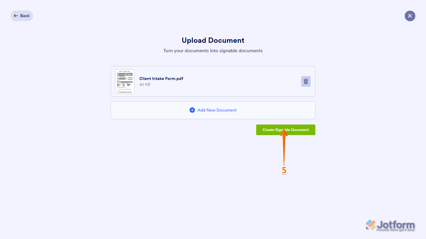 Jotform Sign Builder displaying an uploaded PDF with the Create Signable Document button available to convert the file into a document ready for electronic signatures