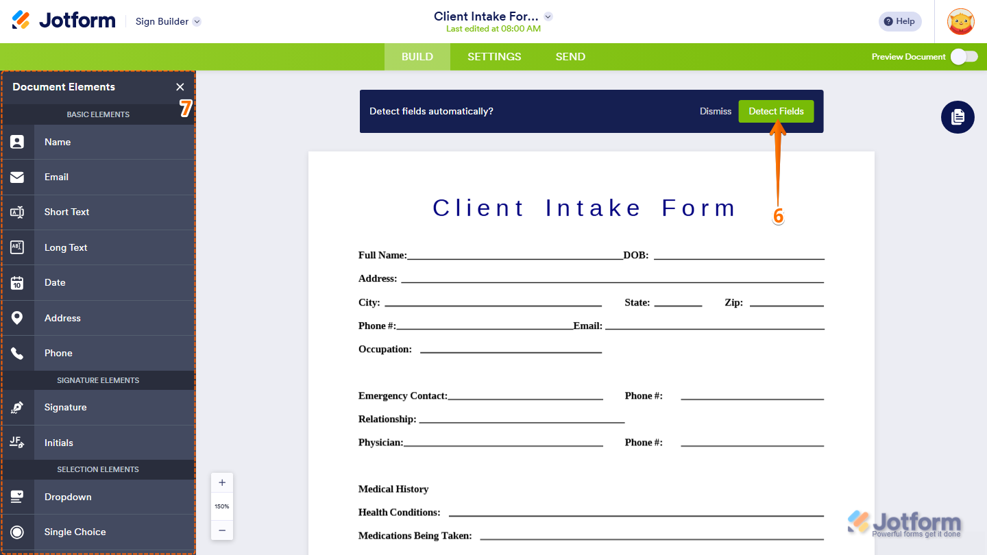 Jotform Sign Builder showing the Detect Fields button for automatically identifying fillable fields in an uploaded PDF, alongside the Document Elements panel for manually adding signature and form fields