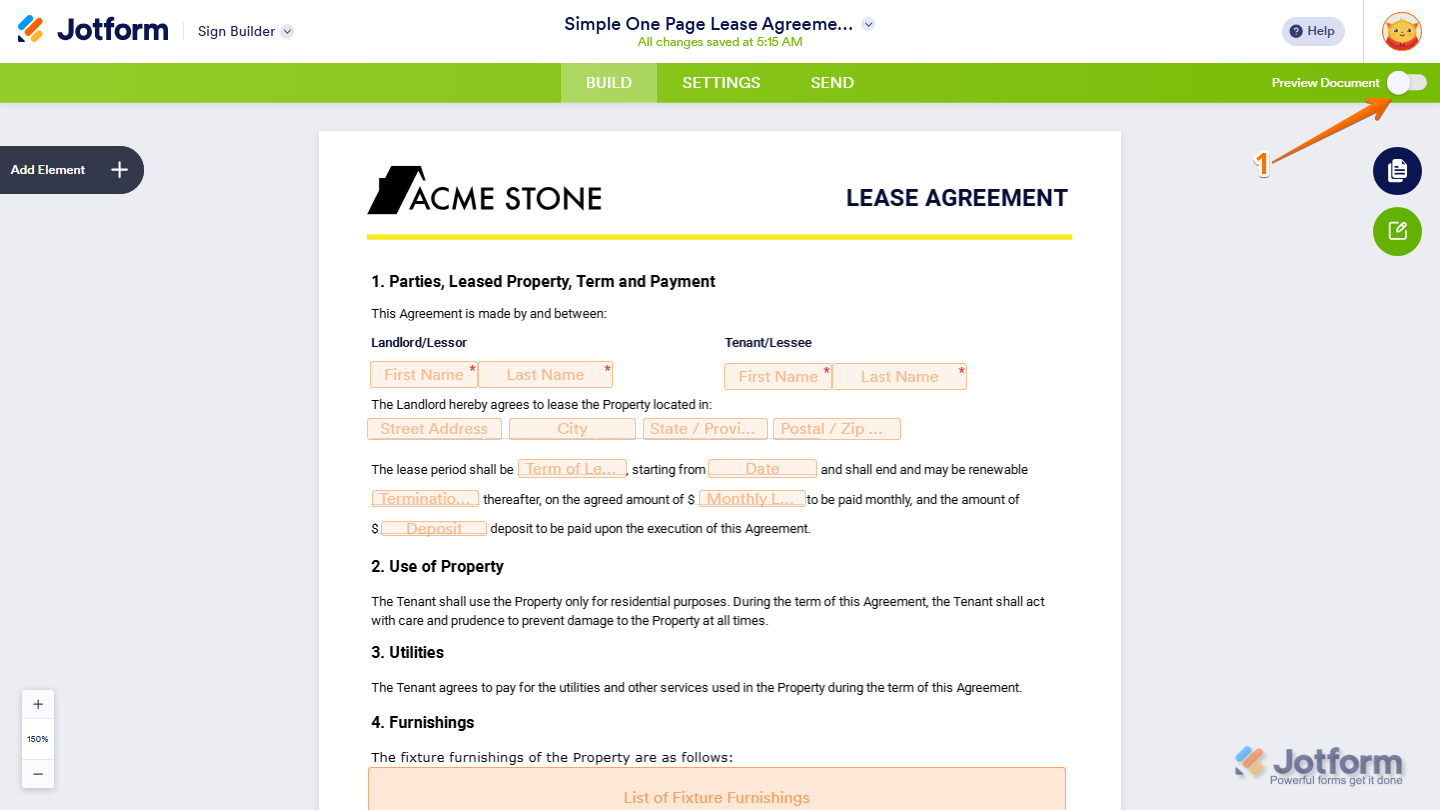 Sign Builder showing the Preview Document toggle enabled in the top-right corner of the page in Jotform