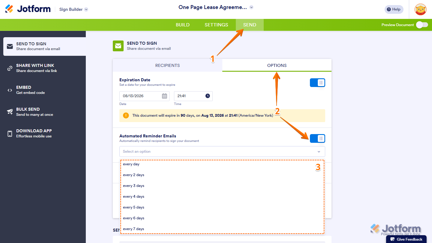 Send to Sign page Options tab showing Automated Reminder Emails toggle and frequency dropdown in Jotform