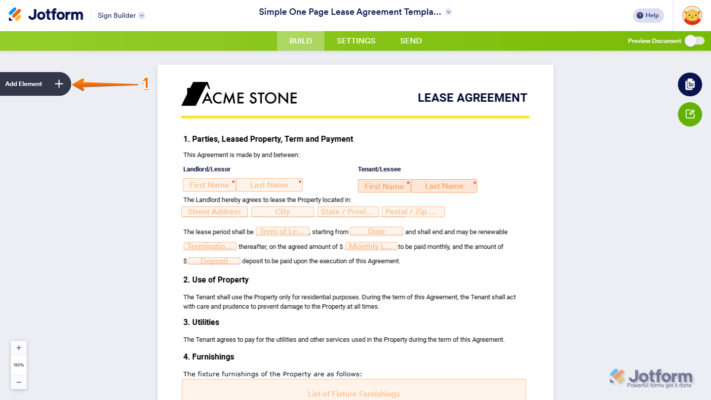 Sign Builder showing Add Element button on the left side in Jotform