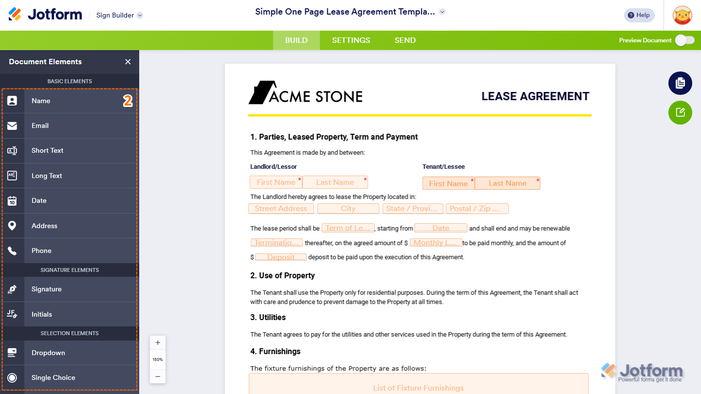 Document Elements panel showing selectable elements ready to drag and drop into a Jotform Sign document