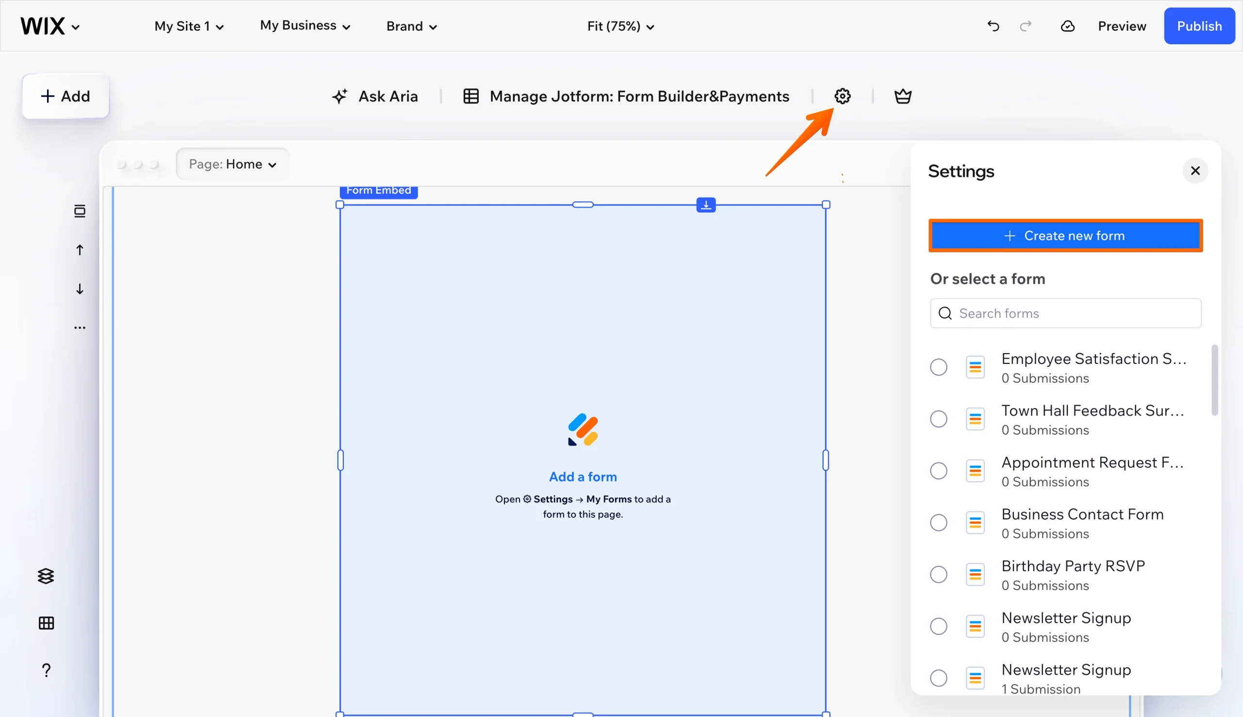 Jotform settings panel in Wix showing options to create a form or select an existing one