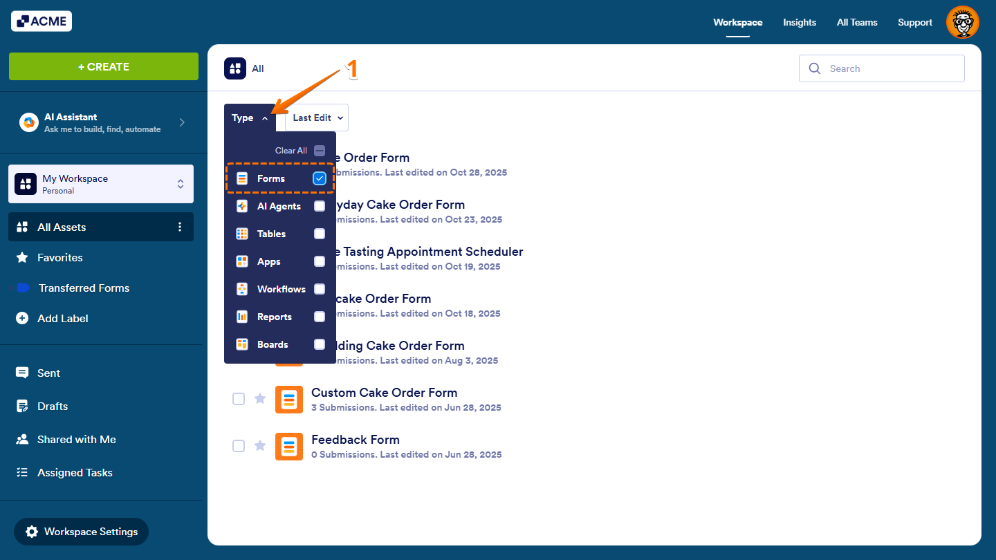 Forms option checked in the Type dropdown menu on the Workspace page