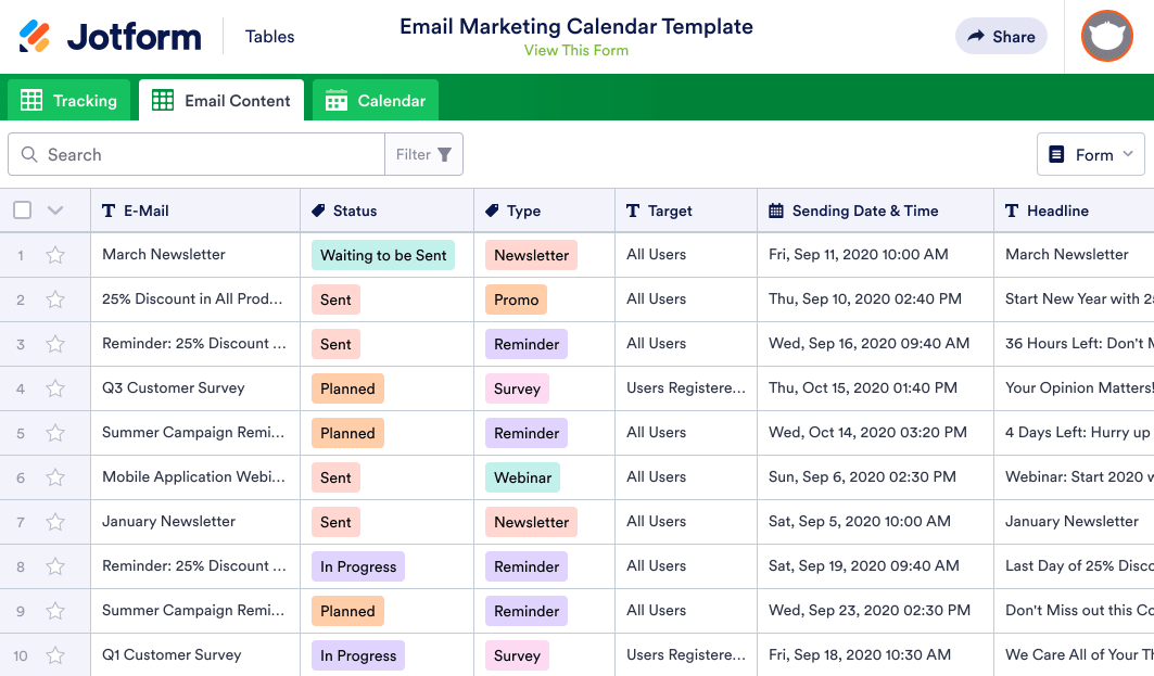 Email Marketing Calendar Template