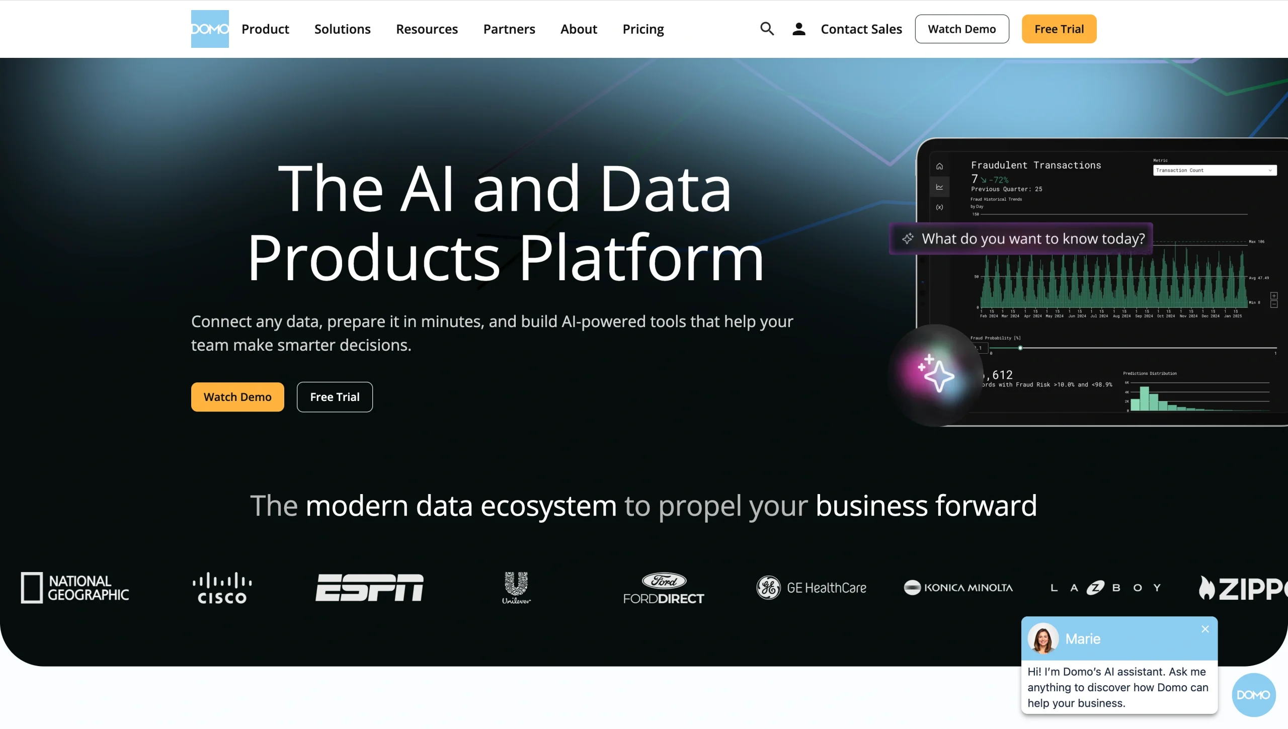 Screenshot of Domo's landing page, showing a headline "The AI and Data Products Platform"