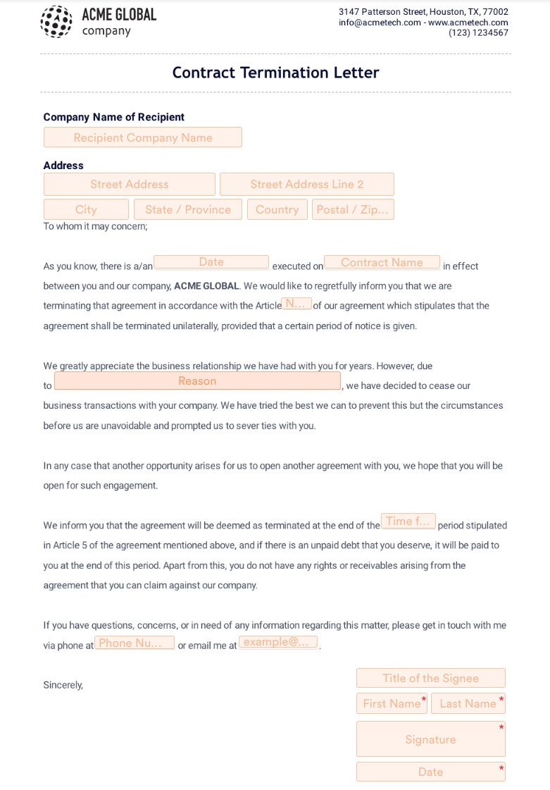 Contract Termination Letter Template