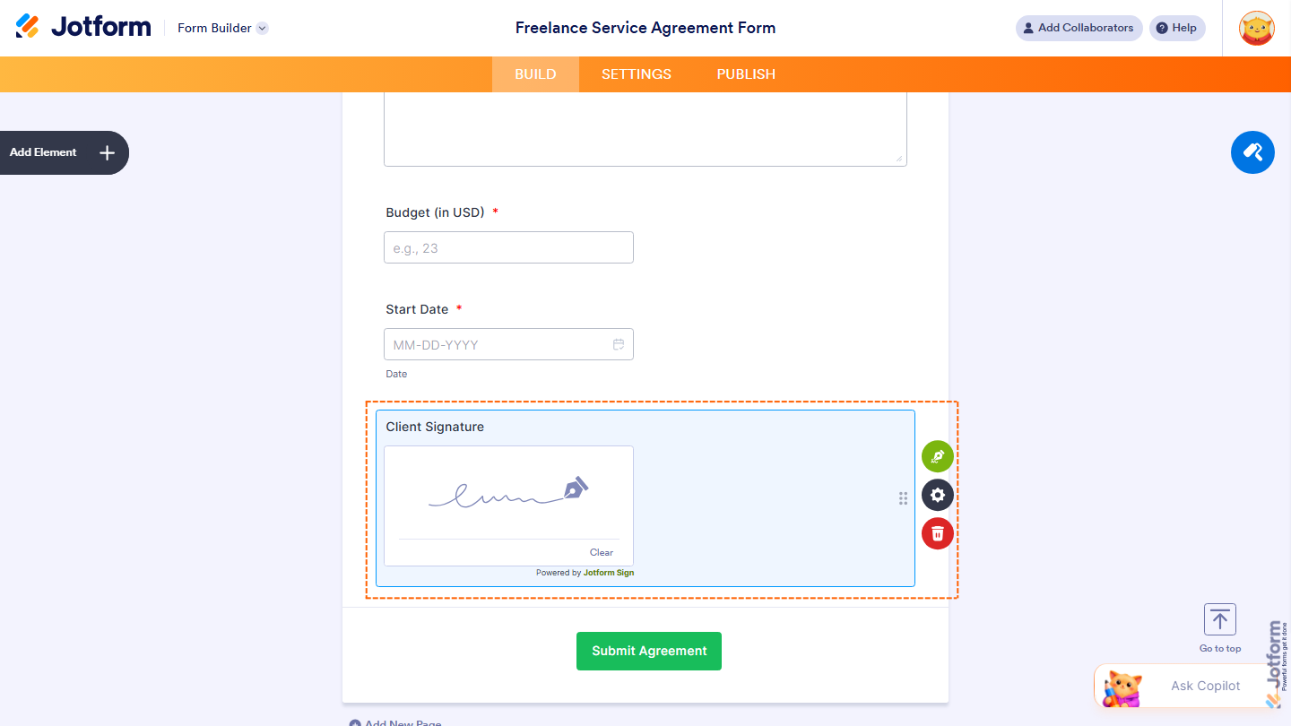 Form Builder showing Signature element added to the form in Jotform