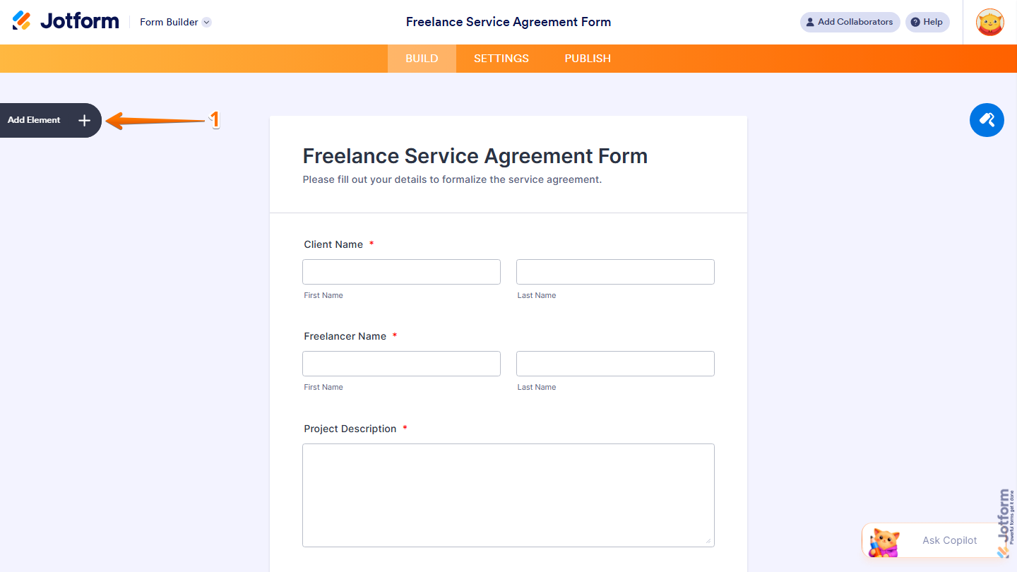 Form Builder showing Add Element button on the left side in Jotform
