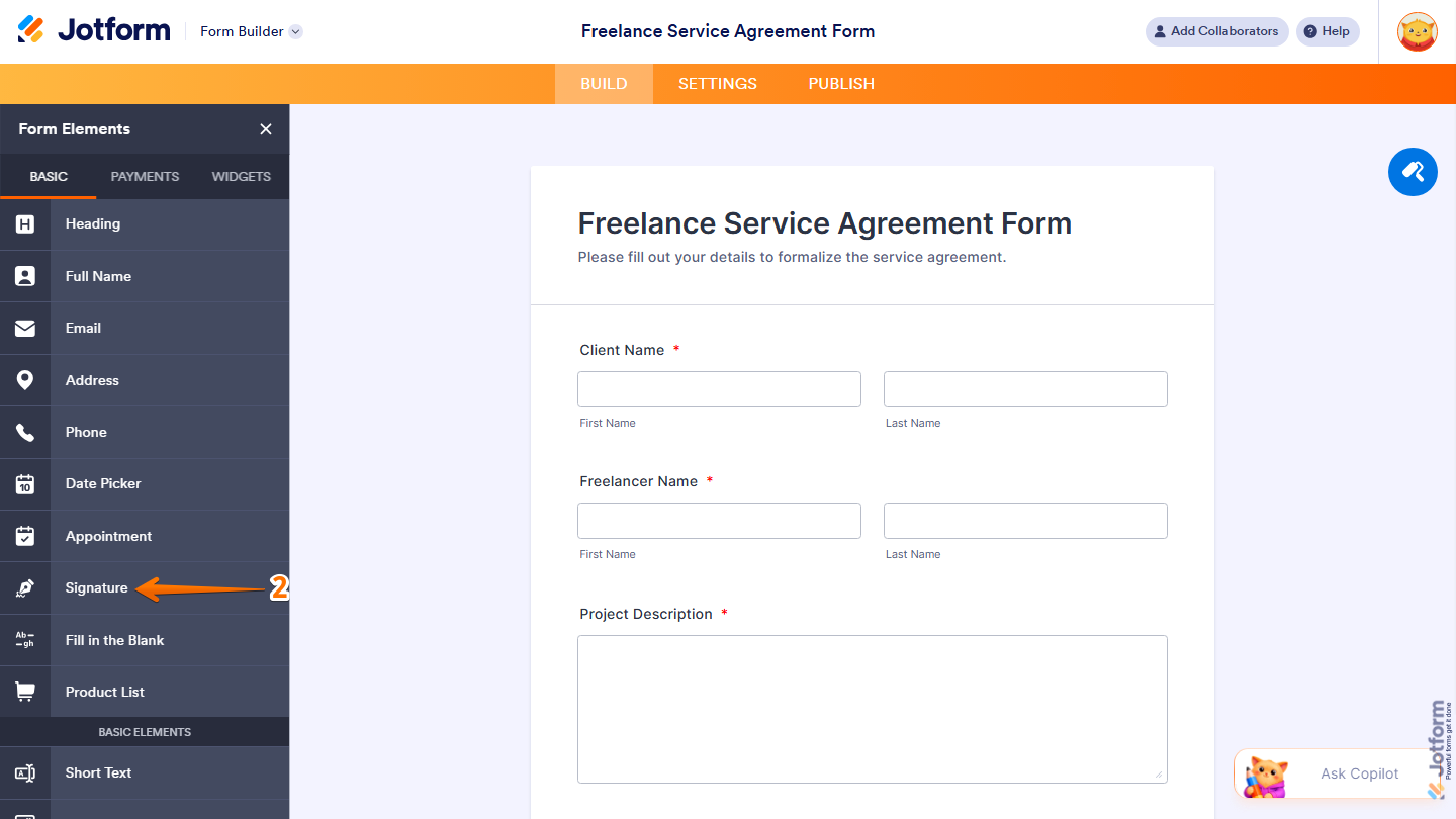Form Elements Basic tab showing Signature field selection in Jotform