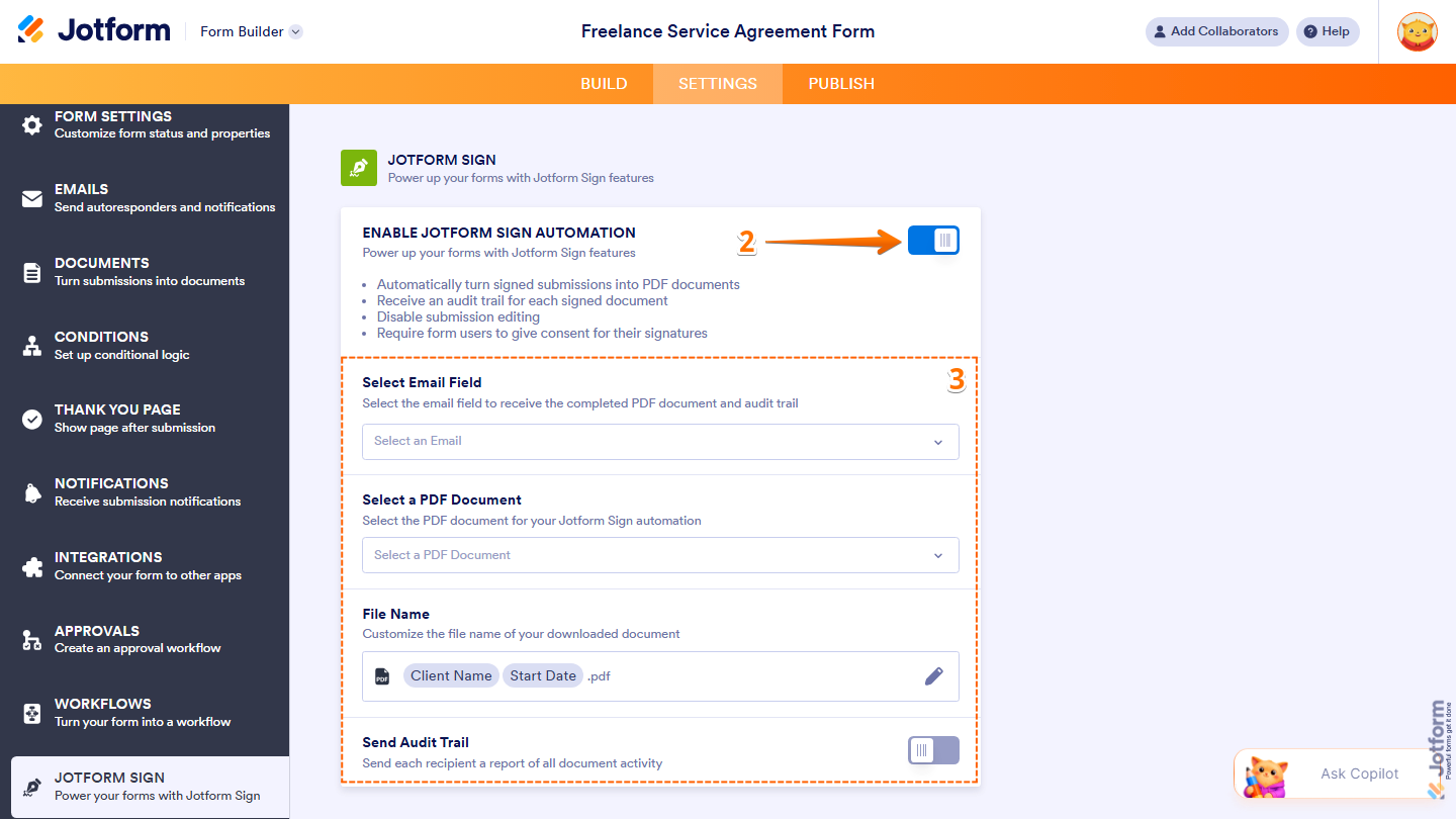Jotform Sign Automation settings showing email field PDF document filename and audit trail options in Jotform