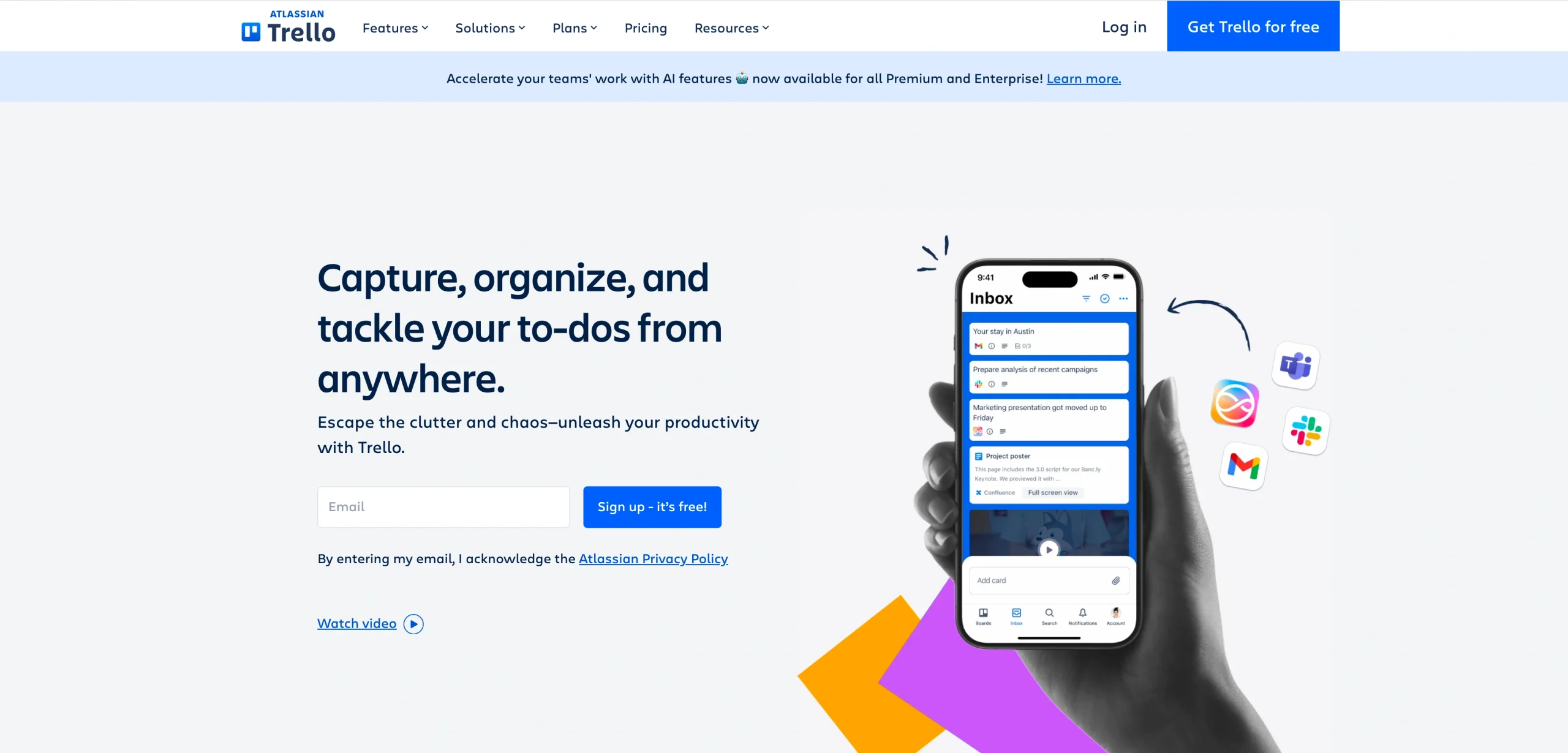 Screenshot of Trello's landing page, showing a headline "Capture, organize, and tackle your to-dos from anywhere"
