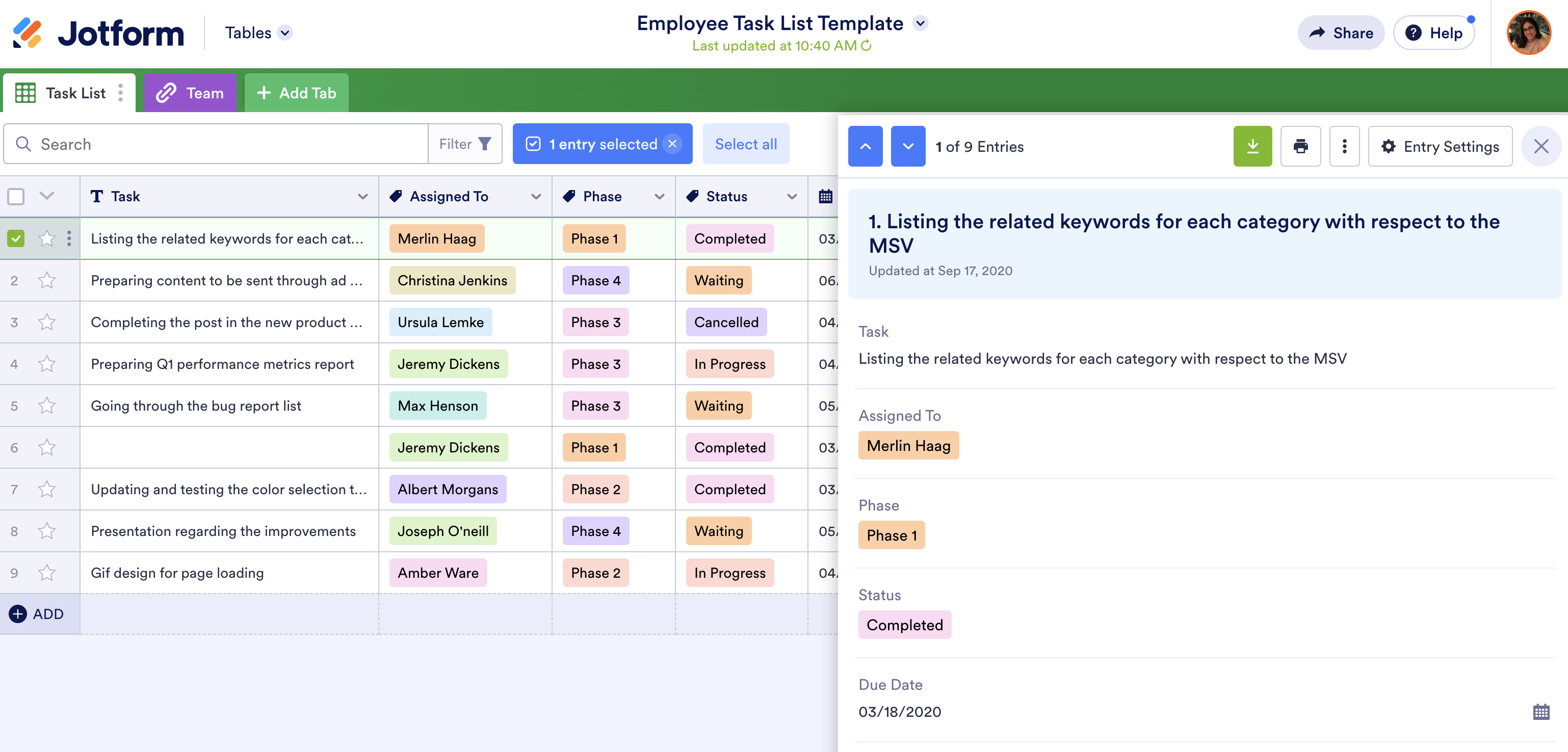 Screenshot of Employee Task List Template in Jotform Tables Viewing Entry 1
