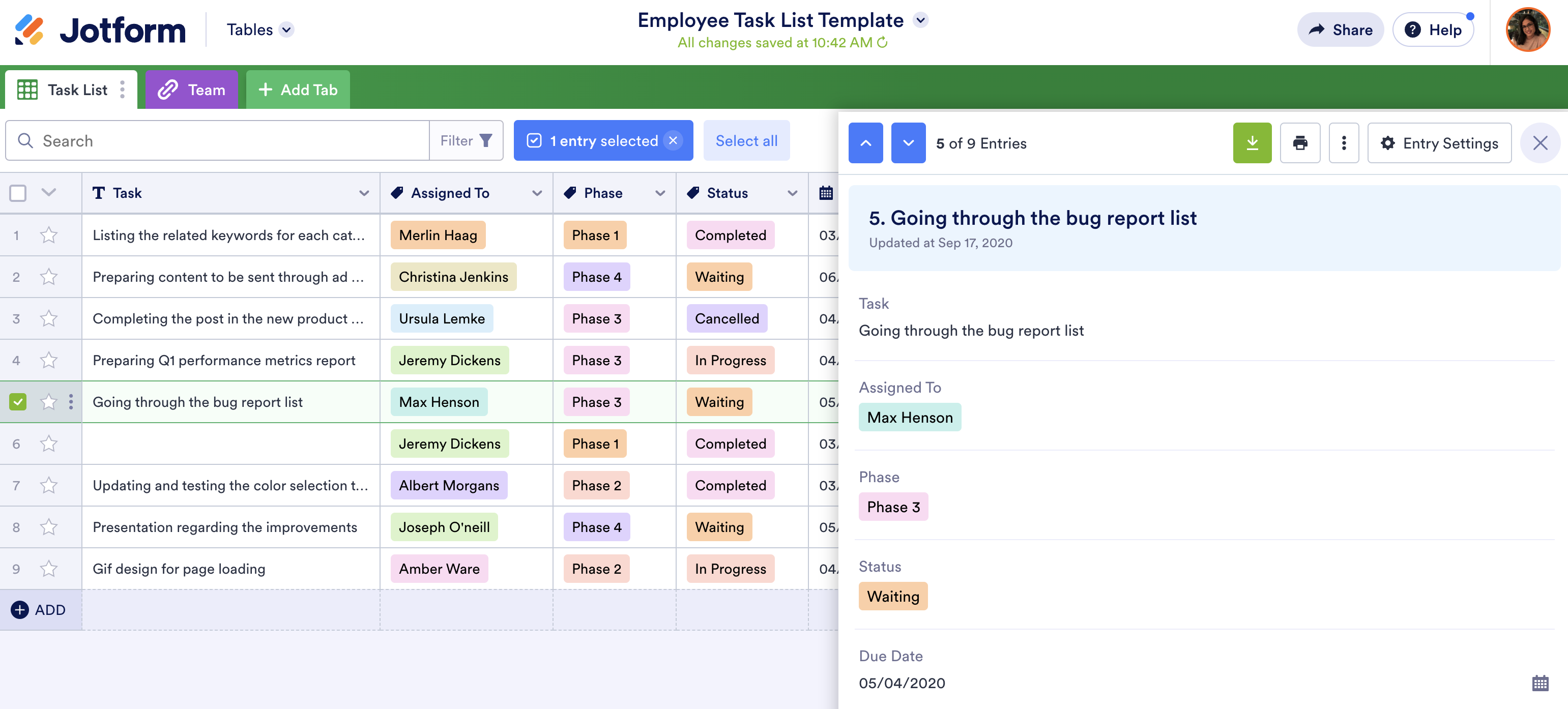 Screenshot of Employee Task List Template in Jotform Tables Viewing Entry 5